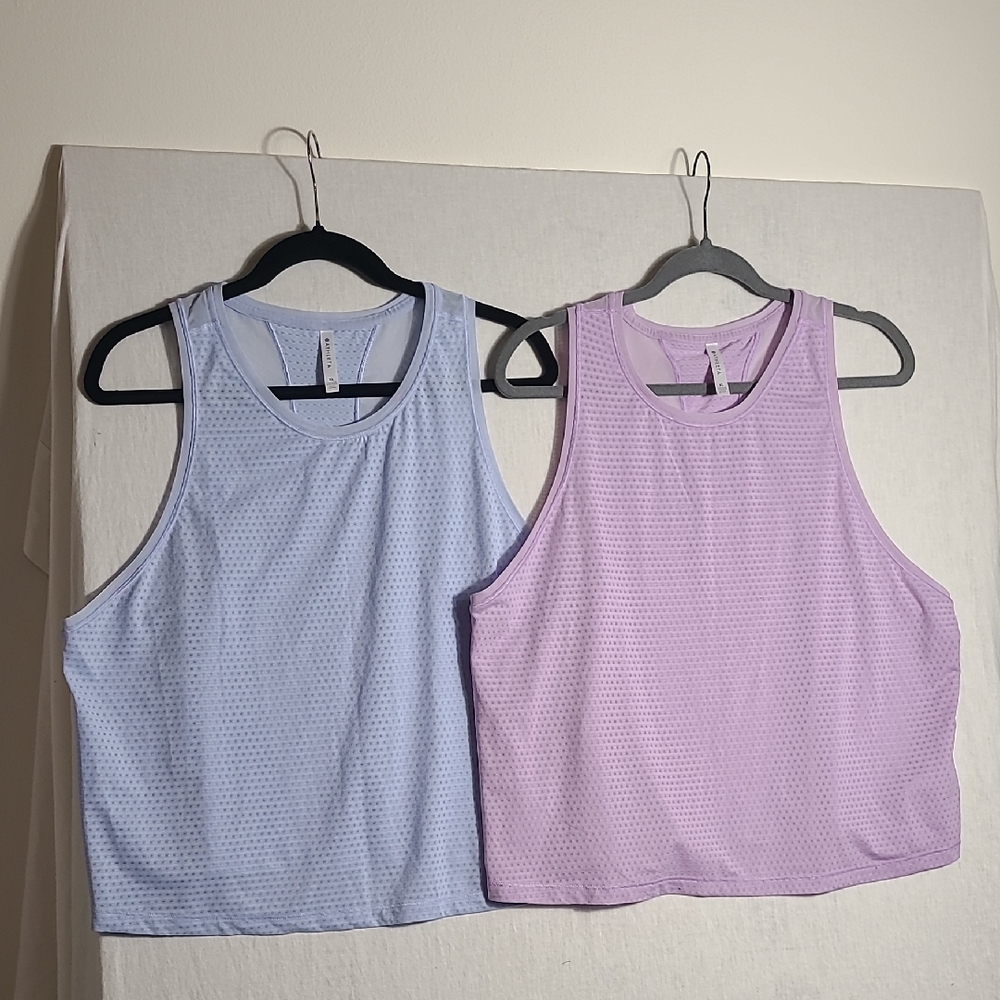 Athleta Chi Dot Mesh Racerback Tank Tops - Light Blue and Lavender Size XL